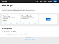 Admin interface on quicklogging.com to manage own apps. The site shows information about the current subscription, which is "Single" and about two already created apps with buttons to edit or view it and to download the data. There is also a button "Deactivate" on the first app to disable unlimited fields.